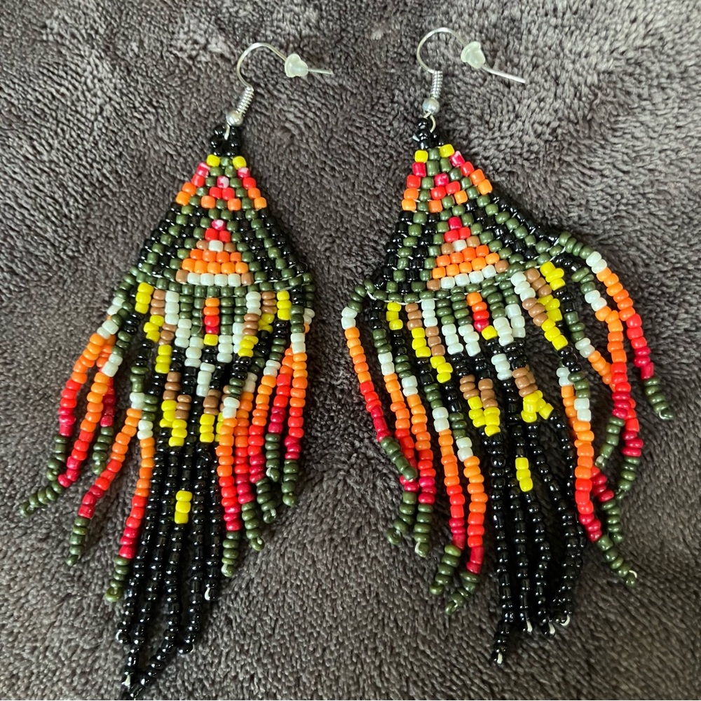 Large Beaded Fringe Hook Earrings Red Orange Yellow Black White‎